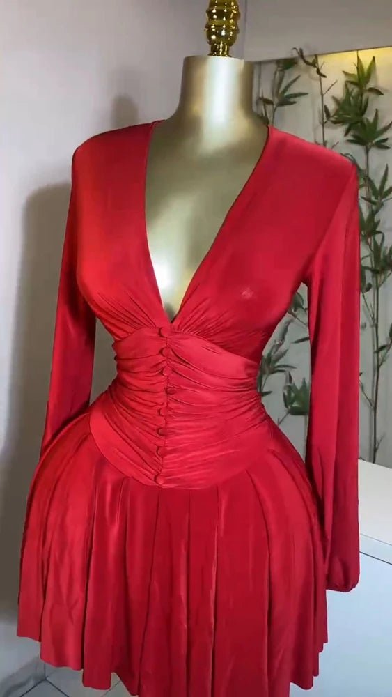 Women Elegant V - Neck Long Sleeve Pleated Dress 2025 Buttons Tunic Waist Sexy Evening Party Luxury Casual Short A Line Dresses - WAREHOUSE SHOP