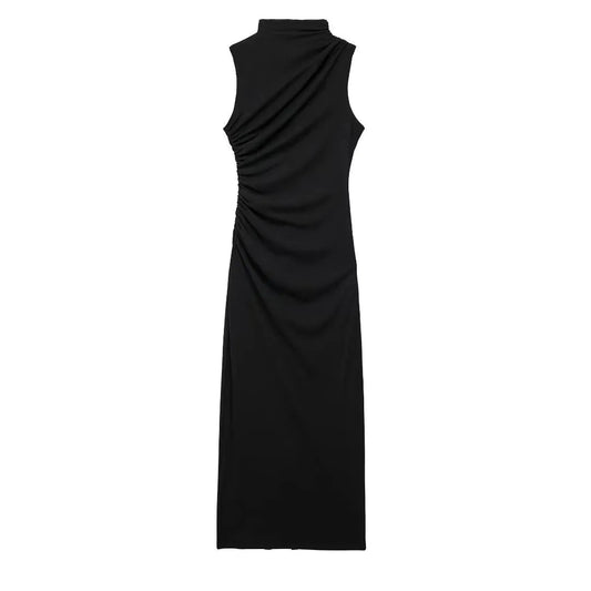 Women Half High Collar Sleeveless Ruffles Bodycon. Lady Robes Elegant Split Long Dress - WAREHOUSE SHOP