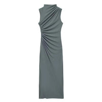 Women Half High Collar Sleeveless Ruffles Bodycon. Lady Robes Elegant Split Long Dress - WAREHOUSE SHOP