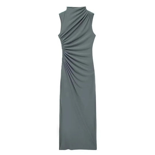Women Half High Collar Sleeveless Ruffles Bodycon. Lady Robes Elegant Split Long Dress - WAREHOUSE SHOP