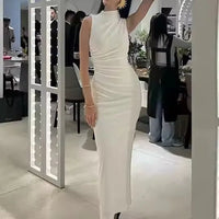 Women Half High Collar Sleeveless Ruffles Bodycon. Lady Robes Elegant Split Long Dress - WAREHOUSE SHOP