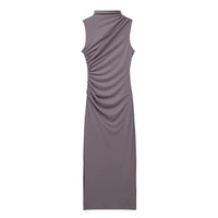 Women Half High Collar Sleeveless Ruffles Bodycon. Lady Robes Elegant Split Long Dress - WAREHOUSE SHOP