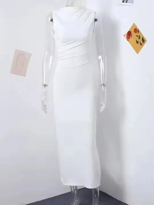Women Half High Collar Sleeveless Ruffles Bodycon. Lady Robes Elegant Split Long Dress - WAREHOUSE SHOP
