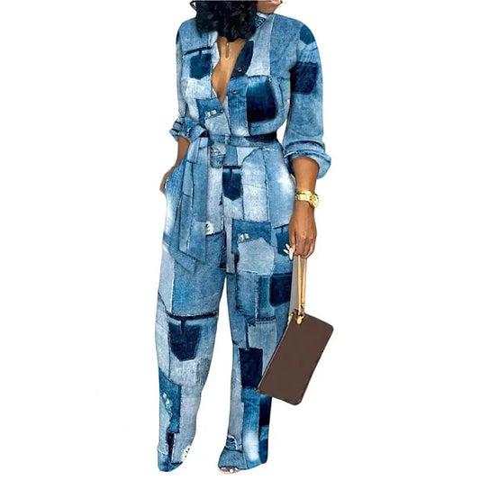 Women Jumpsuit V - Neck Long Sleeve High Waist Buttons Half Placket Pockets Autumn Abstract Print Front Belted Jumpsuit - WAREHOUSE SHOP