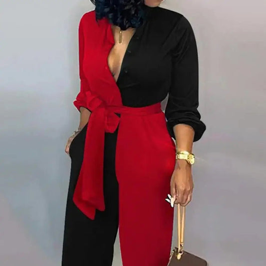 Women Jumpsuit V - Neck Long Sleeve High Waist Buttons Half Placket Pockets Autumn Abstract Print Front Belted Jumpsuit - WAREHOUSE SHOP