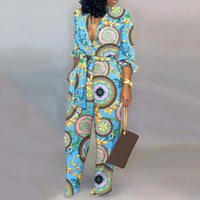 Women Jumpsuit V - Neck Long Sleeve High Waist Buttons Half Placket Pockets Autumn Abstract Print Front Belted Jumpsuit - WAREHOUSE SHOP