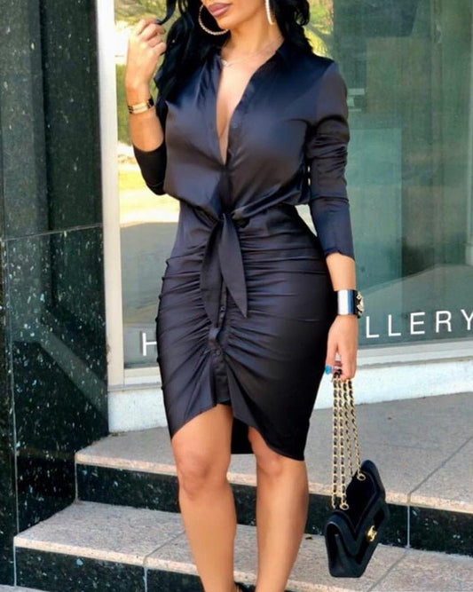 Women Lace - up Solid Color Long Sleeve Midi Dress Shirt Dress Elegant Fashion Party Dress - WAREHOUSE SHOP
