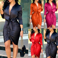 Women Lace - up Solid Color Long Sleeve Midi Dress Shirt Dress Elegant Fashion Party Dress - WAREHOUSE SHOP