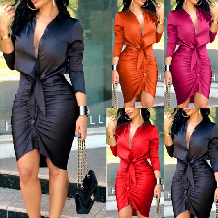Women Lace - up Solid Color Long Sleeve Midi Dress Shirt Dress Elegant Fashion Party Dress - WAREHOUSE SHOP
