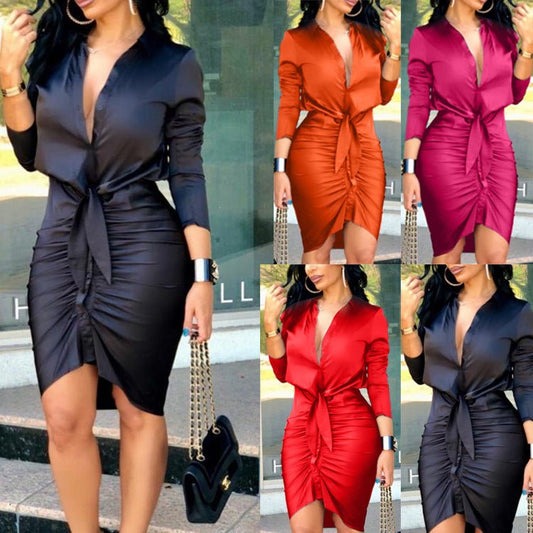 Women Lace - up Solid Color Long Sleeve Midi Dress Shirt Dress Elegant Fashion Party Dress - WAREHOUSE SHOP