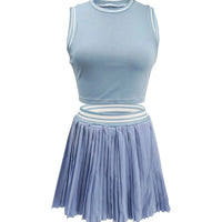 Women O - neck Mini Tank Top and Pleated Mini Skirt Suit. Fitness 2Piece Set Outfit. - WAREHOUSE SHOP