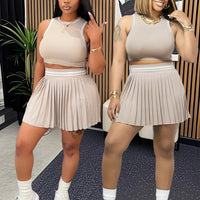Women O - neck Mini Tank Top and Pleated Mini Skirt Suit. Fitness 2Piece Set Outfit. - WAREHOUSE SHOP