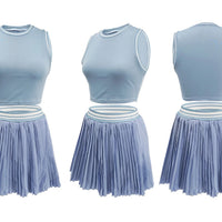 Women O - neck Mini Tank Top and Pleated Mini Skirt Suit. Fitness 2Piece Set Outfit. - WAREHOUSE SHOP