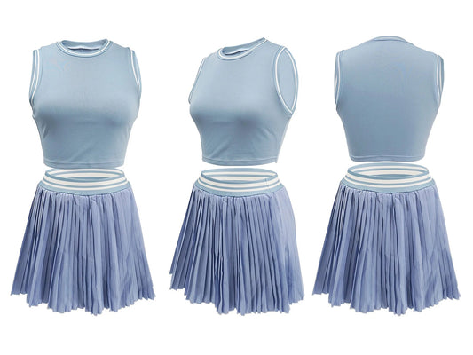Women O - neck Mini Tank Top and Pleated Mini Skirt Suit. Fitness 2Piece Set Outfit. - WAREHOUSE SHOP
