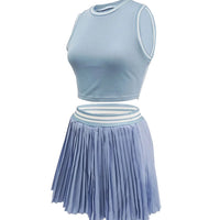 Women O - neck Mini Tank Top and Pleated Mini Skirt Suit. Fitness 2Piece Set Outfit. - WAREHOUSE SHOP