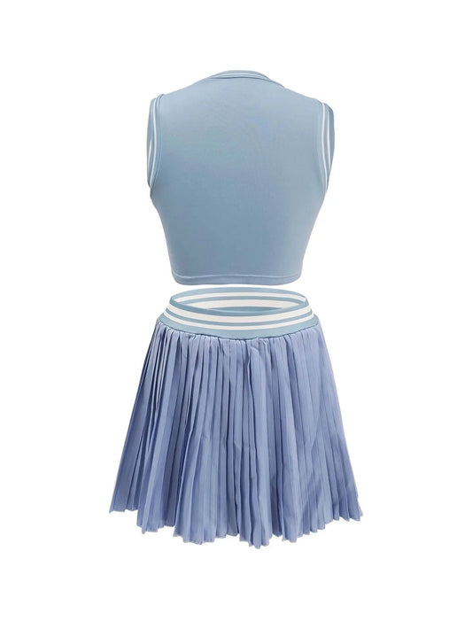 Women O - neck Mini Tank Top and Pleated Mini Skirt Suit. Fitness 2Piece Set Outfit. - WAREHOUSE SHOP