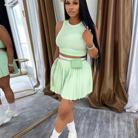 Women O - neck Mini Tank Top and Pleated Mini Skirt Suit. Fitness 2Piece Set Outfit. - WAREHOUSE SHOP