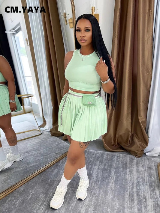 Women O - neck Mini Tank Top and Pleated Mini Skirt Suit. Fitness 2Piece Set Outfit. - WAREHOUSE SHOP