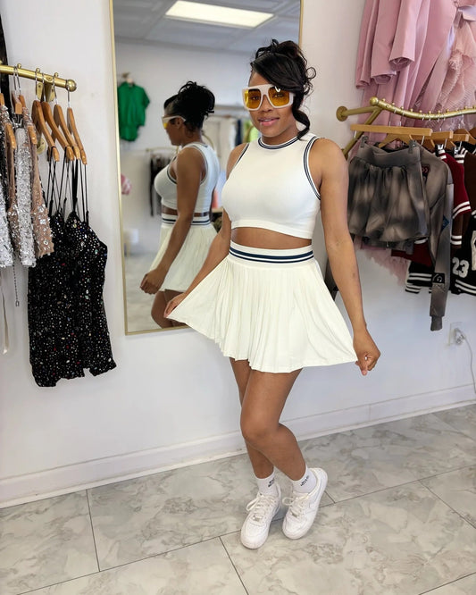 Women O - neck Mini Tank Top and Pleated Mini Skirt Suit. Fitness 2Piece Set Outfit. - WAREHOUSE SHOP