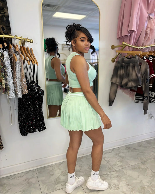 Women O - neck Mini Tank Top and Pleated Mini Skirt Suit. Fitness 2Piece Set Outfit. - WAREHOUSE SHOP
