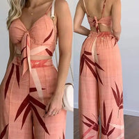 Women’s 2 - Piece Set – Sexy Sleeveless Backless Leaf Print Crop Top & Wide Leg Pants - WAREHOUSE SHOP