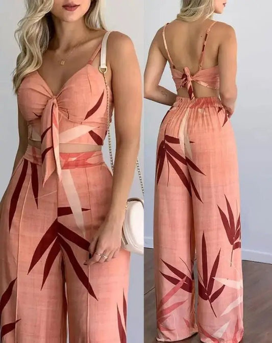 Women’s 2 - Piece Set – Sexy Sleeveless Backless Leaf Print Crop Top & Wide Leg Pants - WAREHOUSE SHOP
