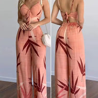 Women’s 2 - Piece Set – Sexy Sleeveless Backless Leaf Print Crop Top & Wide Leg Pants - WAREHOUSE SHOP