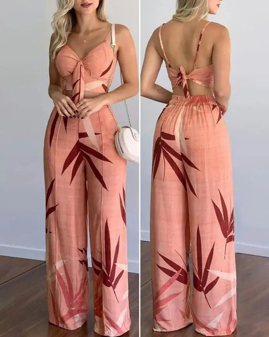 Women’s 2 - Piece Set – Sexy Sleeveless Backless Leaf Print Crop Top & Wide Leg Pants - WAREHOUSE SHOP