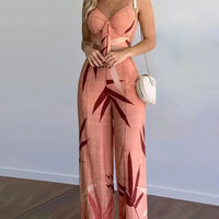Women’s 2 - Piece Set – Sexy Sleeveless Backless Leaf Print Crop Top & Wide Leg Pants - WAREHOUSE SHOP