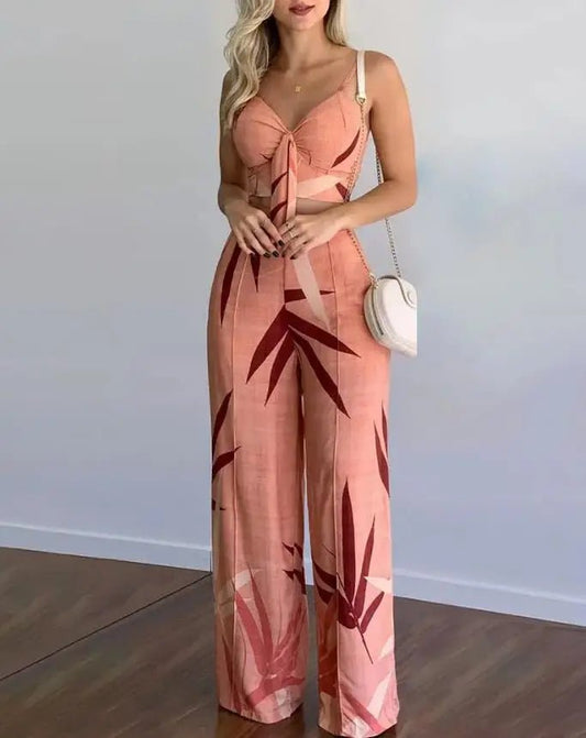 Women’s 2 - Piece Set – Sexy Sleeveless Backless Leaf Print Crop Top & Wide Leg Pants - WAREHOUSE SHOP