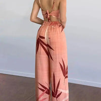 Women’s 2 - Piece Set – Sexy Sleeveless Backless Leaf Print Crop Top & Wide Leg Pants - WAREHOUSE SHOP