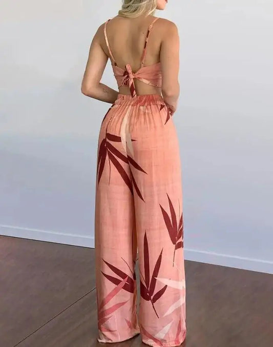 Women’s 2 - Piece Set – Sexy Sleeveless Backless Leaf Print Crop Top & Wide Leg Pants - WAREHOUSE SHOP