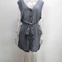 Women's Casual V - neck Monochromatic Jumpsuit, Five - Point Shorts, European and American, Summer, New, 2024 - WAREHOUSE SHOP