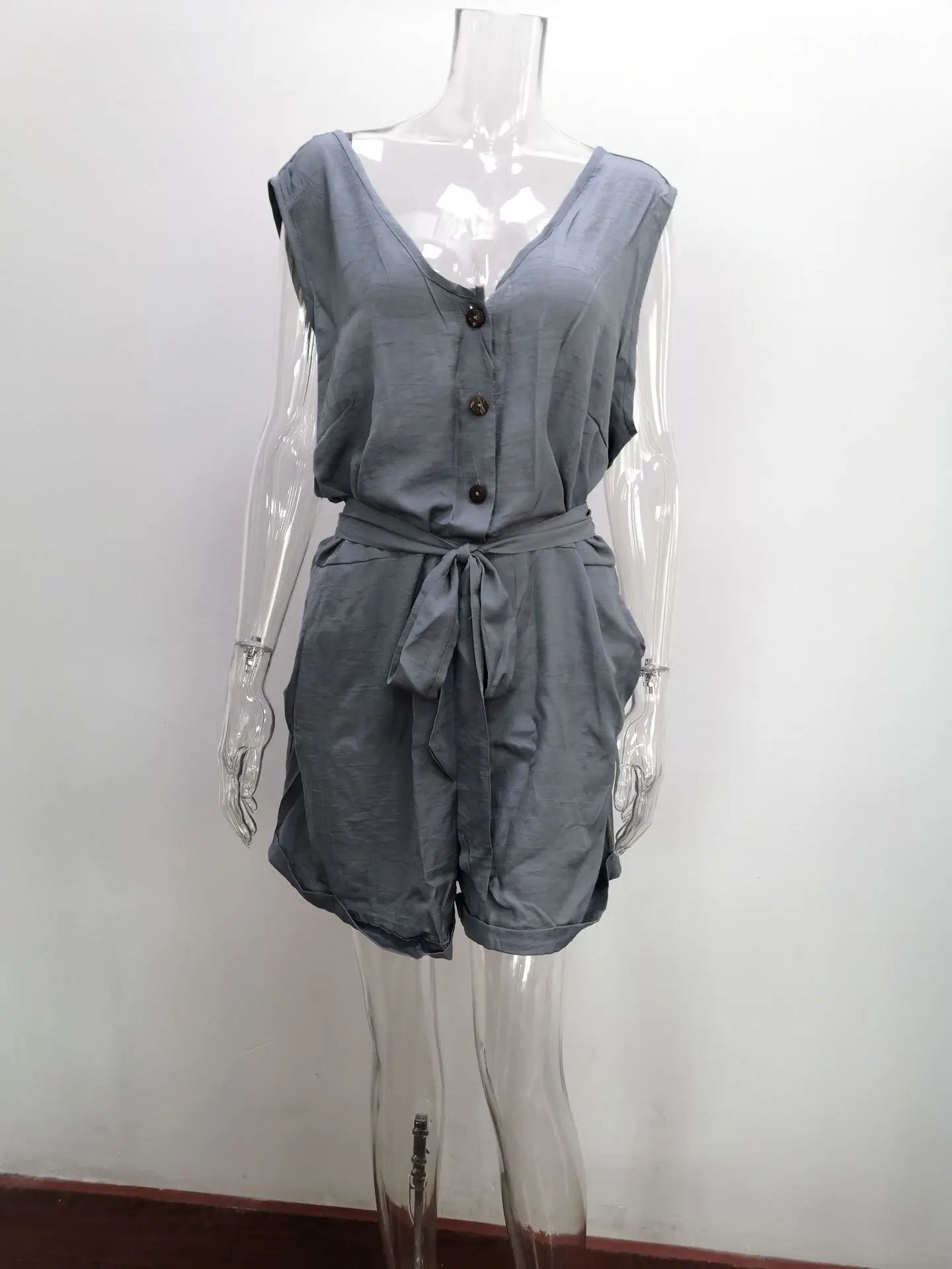 Women's Casual V - neck Monochromatic Jumpsuit, Five - Point Shorts, European and American, Summer, New, 2024 - WAREHOUSE SHOP