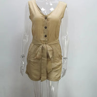 Women's Casual V - neck Monochromatic Jumpsuit, Five - Point Shorts, European and American, Summer, New, 2024 - WAREHOUSE SHOP