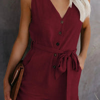 Women's Casual V - neck Monochromatic Jumpsuit, Five - Point Shorts, European and American, Summer, New, 2024 - WAREHOUSE SHOP