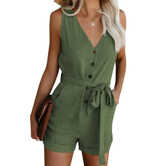 Women's Casual V - neck Monochromatic Jumpsuit, Five - Point Shorts, European and American, Summer, New, 2024 - WAREHOUSE SHOP