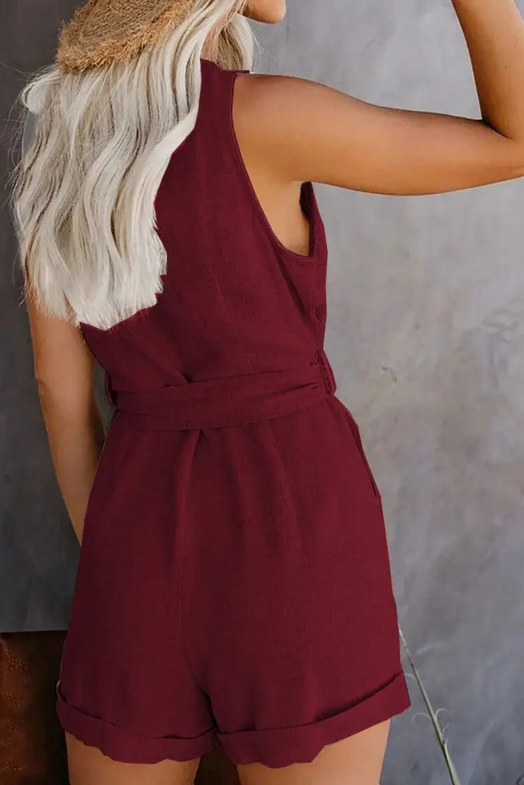 Women's Casual V - neck Monochromatic Jumpsuit, Five - Point Shorts, European and American, Summer, New, 2024 - WAREHOUSE SHOP