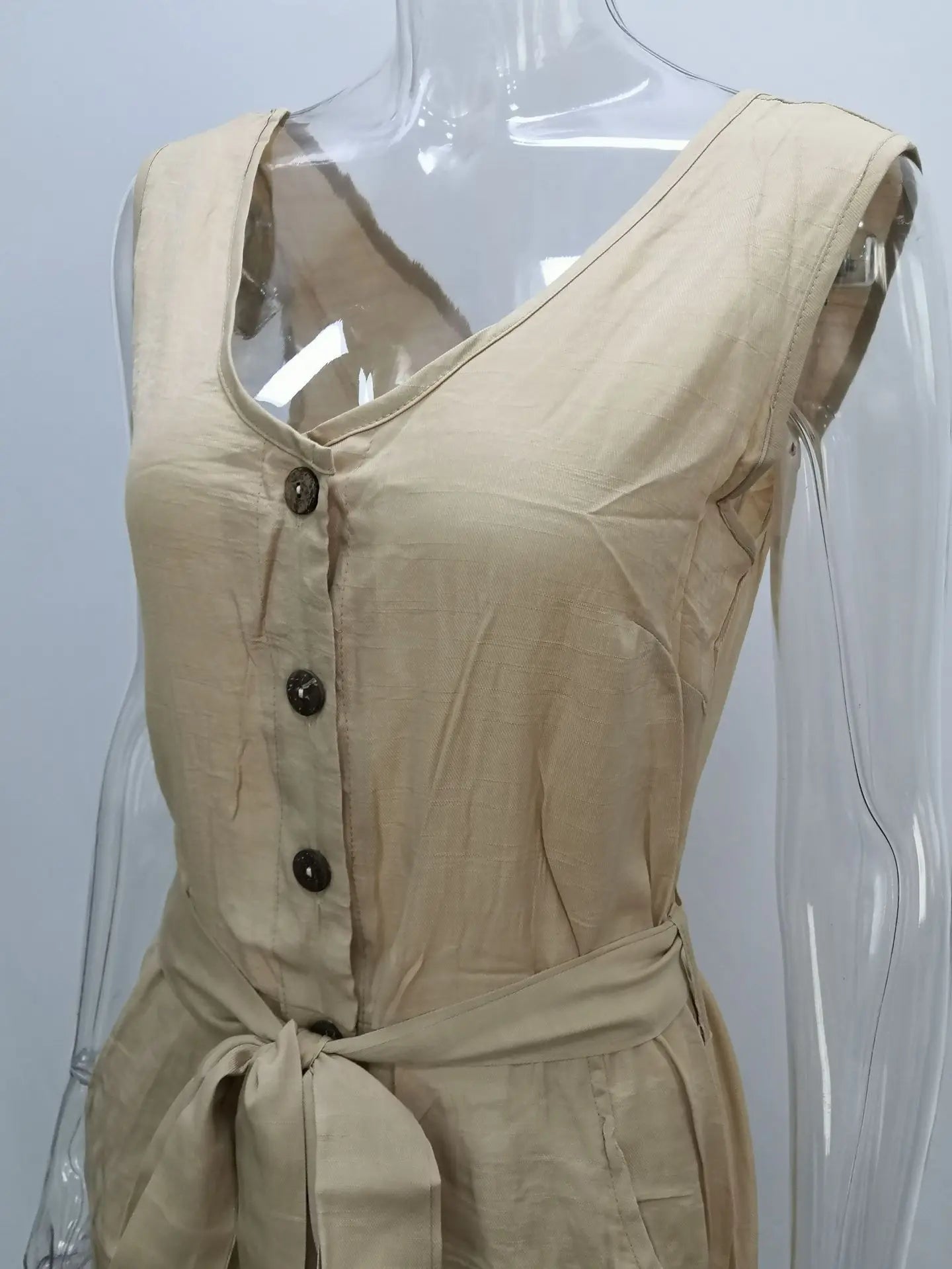 Women's Casual V - neck Monochromatic Jumpsuit, Five - Point Shorts, European and American, Summer, New, 2024 - WAREHOUSE SHOP