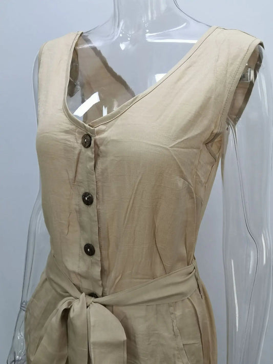 Women's Casual V - neck Monochromatic Jumpsuit, Five - Point Shorts, European and American, Summer, New, 2024 - WAREHOUSE SHOP