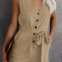 Women's Casual V - neck Monochromatic Jumpsuit, Five - Point Shorts, European and American, Summer, New, 2024 - WAREHOUSE SHOP