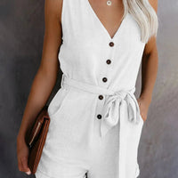Women's Casual V - neck Monochromatic Jumpsuit, Five - Point Shorts, European and American, Summer, New, 2024 - WAREHOUSE SHOP