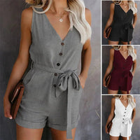 Women's Casual V - neck Monochromatic Jumpsuit, Five - Point Shorts, European and American, Summer, New, 2024 - WAREHOUSE SHOP