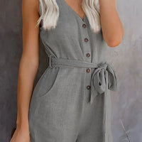 Women's Casual V - neck Monochromatic Jumpsuit, Five - Point Shorts, European and American, Summer, New, 2024 - WAREHOUSE SHOP