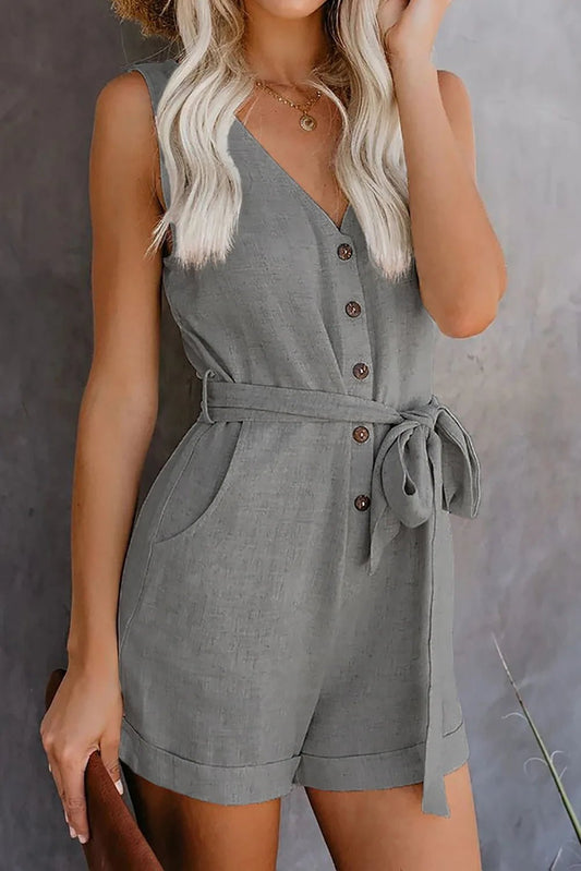 Women's Casual V - neck Monochromatic Jumpsuit, Five - Point Shorts, European and American, Summer, New, 2024 - WAREHOUSE SHOP