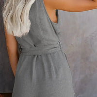 Women's Casual V - neck Monochromatic Jumpsuit, Five - Point Shorts, European and American, Summer, New, 2024 - WAREHOUSE SHOP