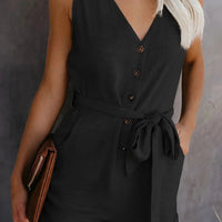 Women's Casual V - neck Monochromatic Jumpsuit, Five - Point Shorts, European and American, Summer, New, 2024 - WAREHOUSE SHOP