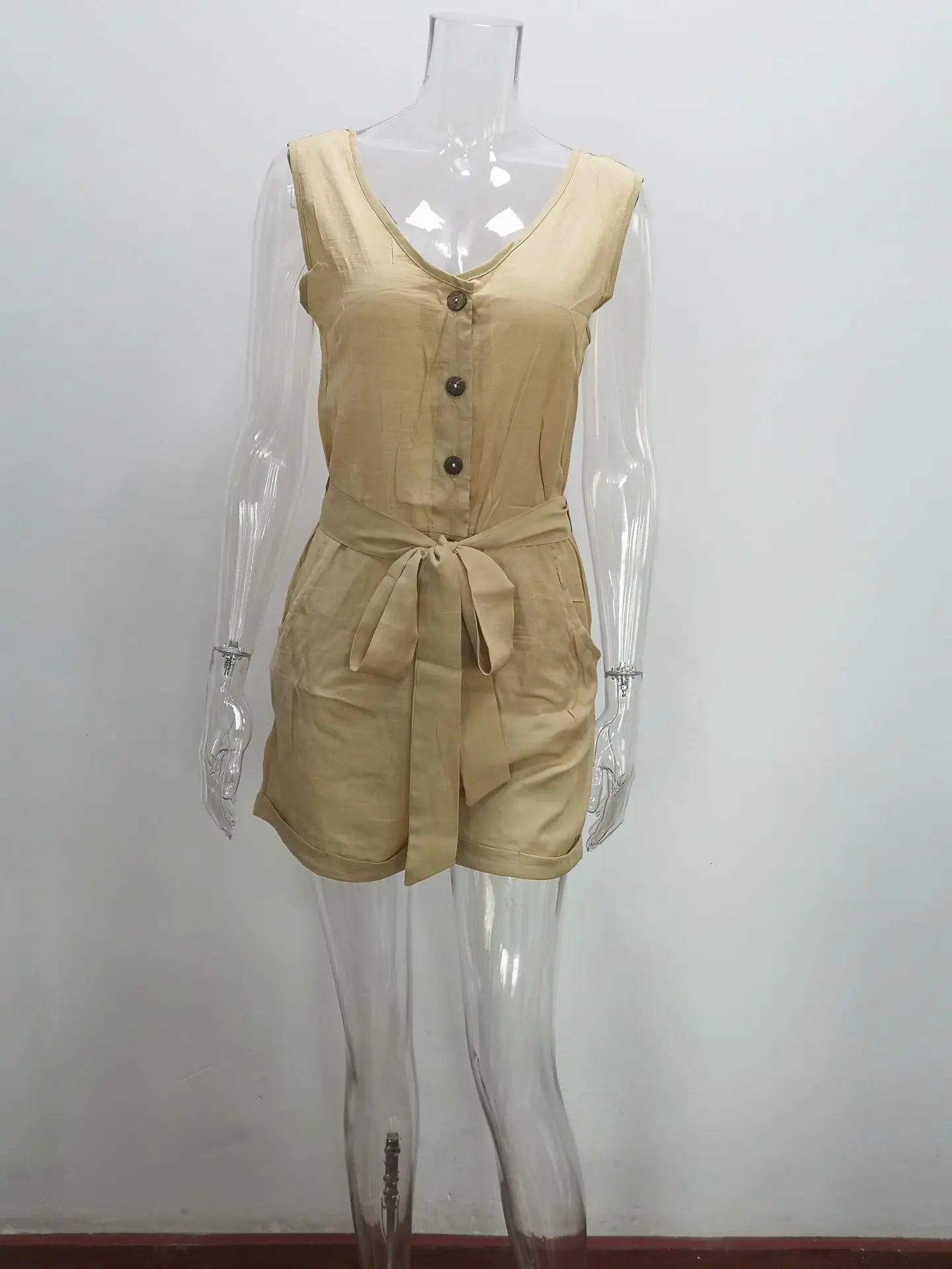 Women's Casual V - neck Monochromatic Jumpsuit, Five - Point Shorts, European and American, Summer, New, 2024 - WAREHOUSE SHOP