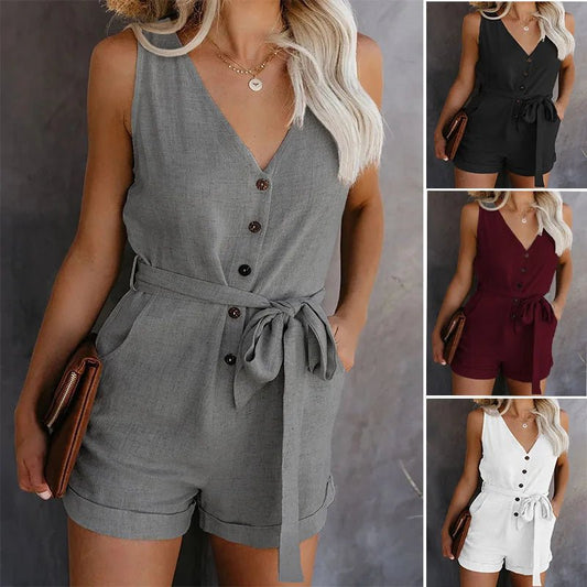 Women's Casual V - neck Monochromatic Jumpsuit, Five - Point Shorts, European and American, Summer, New, 2024 - WAREHOUSE SHOP