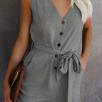 Women's Casual V - neck Monochromatic Jumpsuit, Five - Point Shorts, European and American, Summer, New, 2024 - WAREHOUSE SHOP